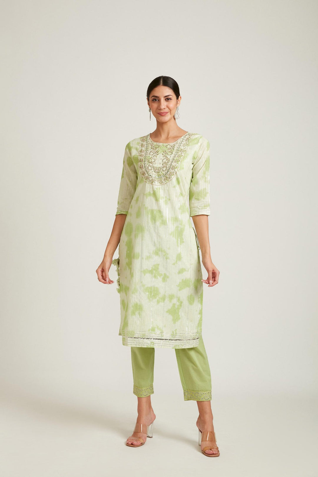 Neerus Green Chanderi straight kurta set - back view