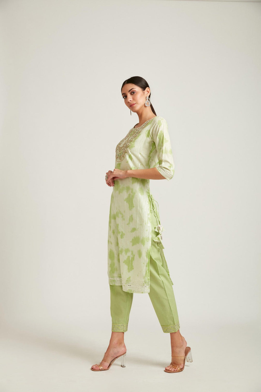 Neerus Green Chanderi straight kurta set - side view