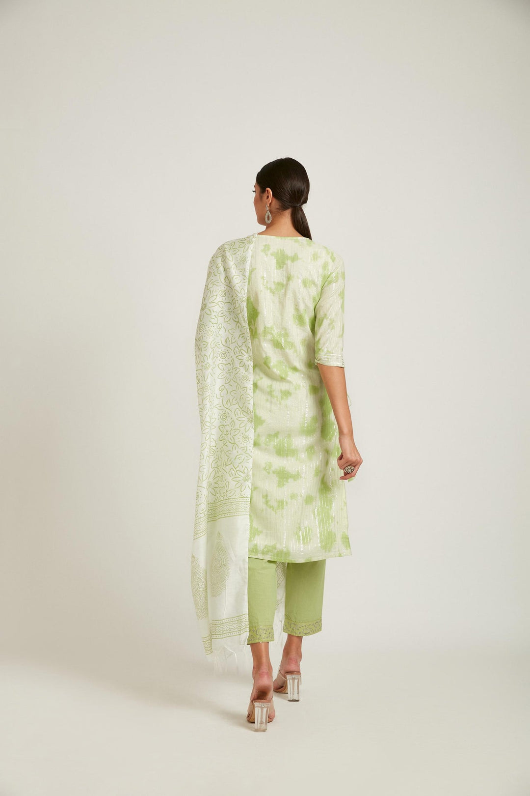 Neerus Green Chanderi straight kurta set - detail view 1