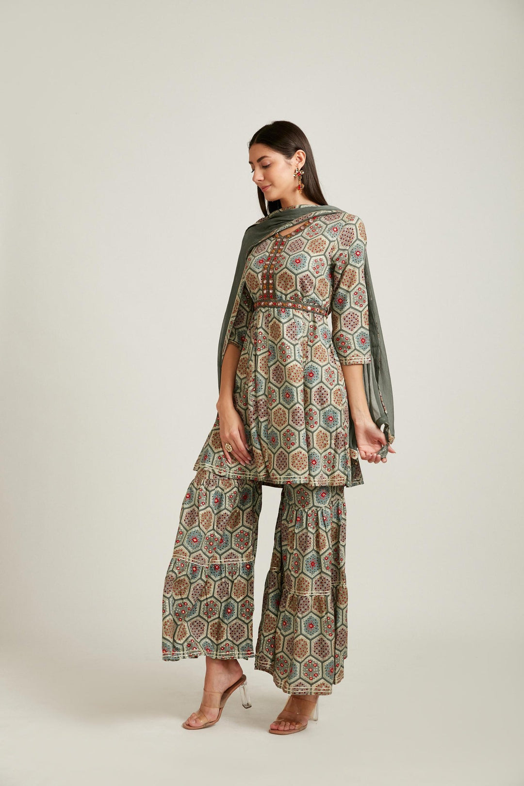 Neerus Grey cotton kurta set - front view