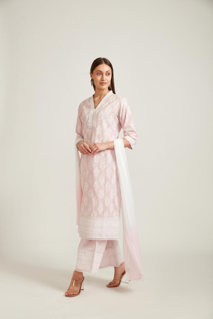 Neerus Pink cotton printed kurta set - front view
