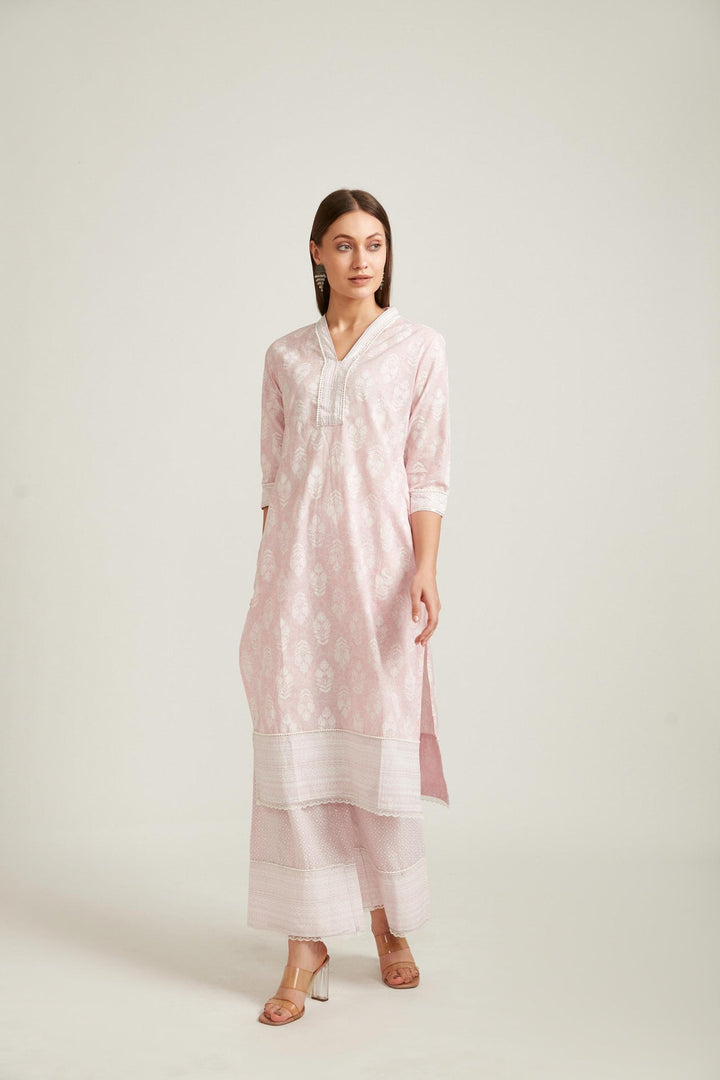 Neerus Pink cotton printed kurta set - side view