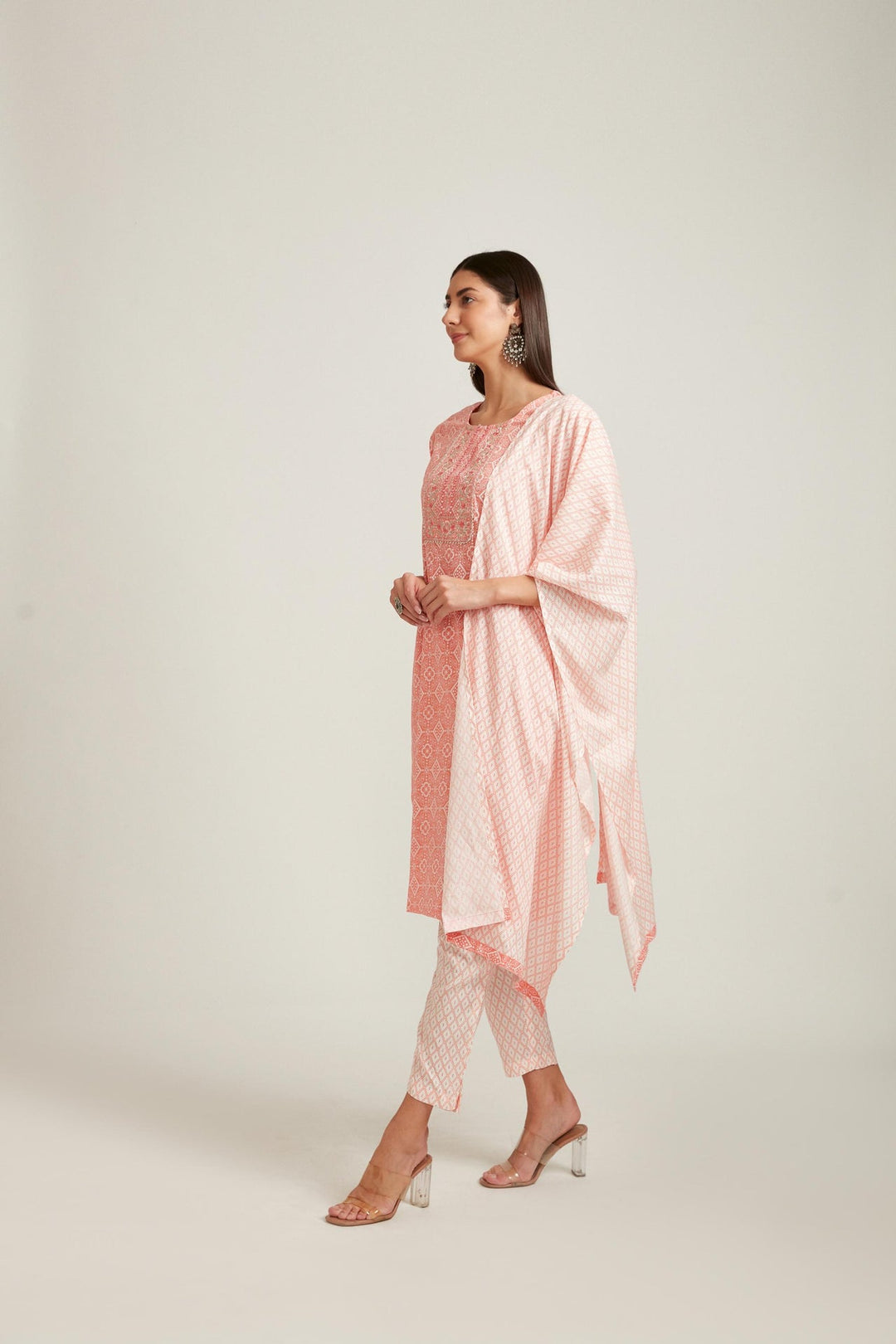 Neerus Pink viscose rayon printed kurta set - back view