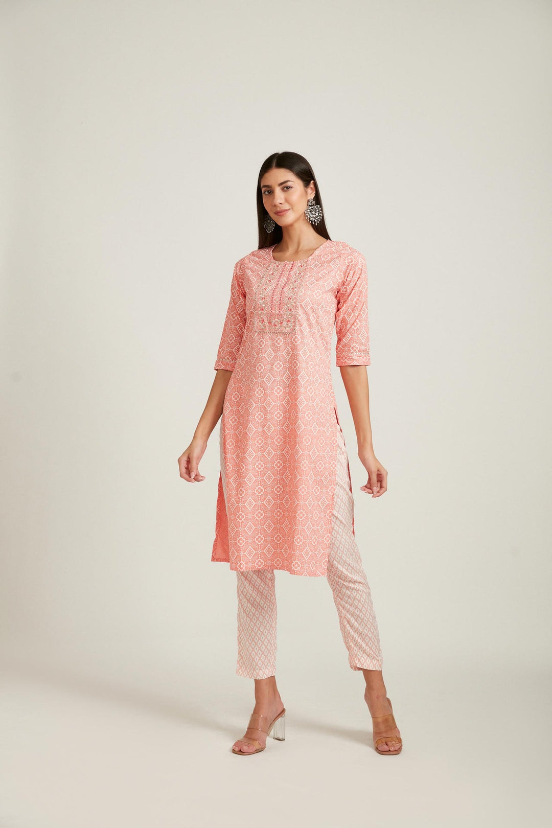 Neerus Pink viscose rayon printed kurta set - front view