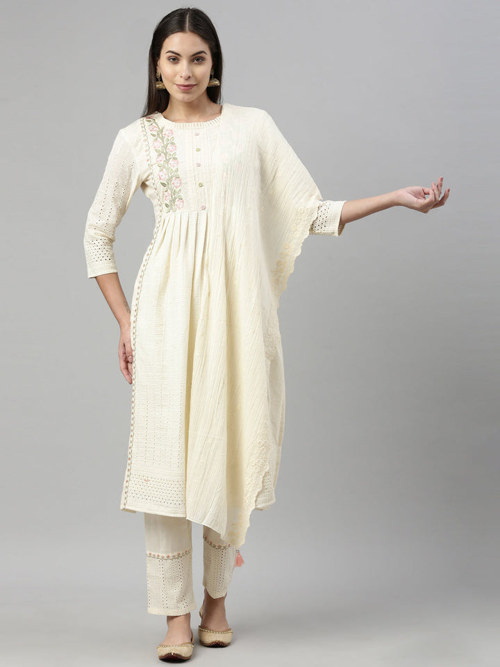Neerus Beige cotton ethnic suit set - front view