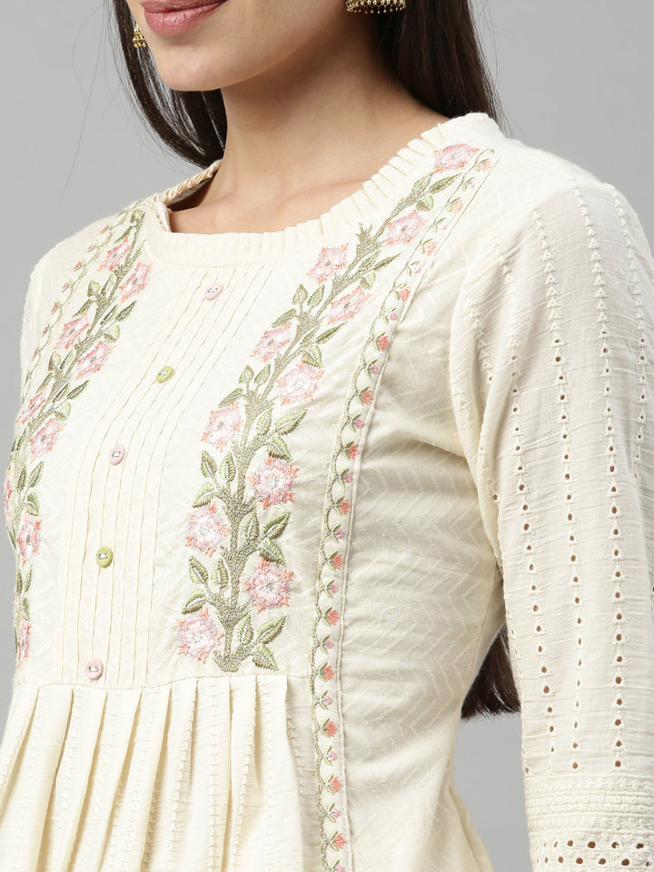 Neerus Beige cotton ethnic suit set - side view