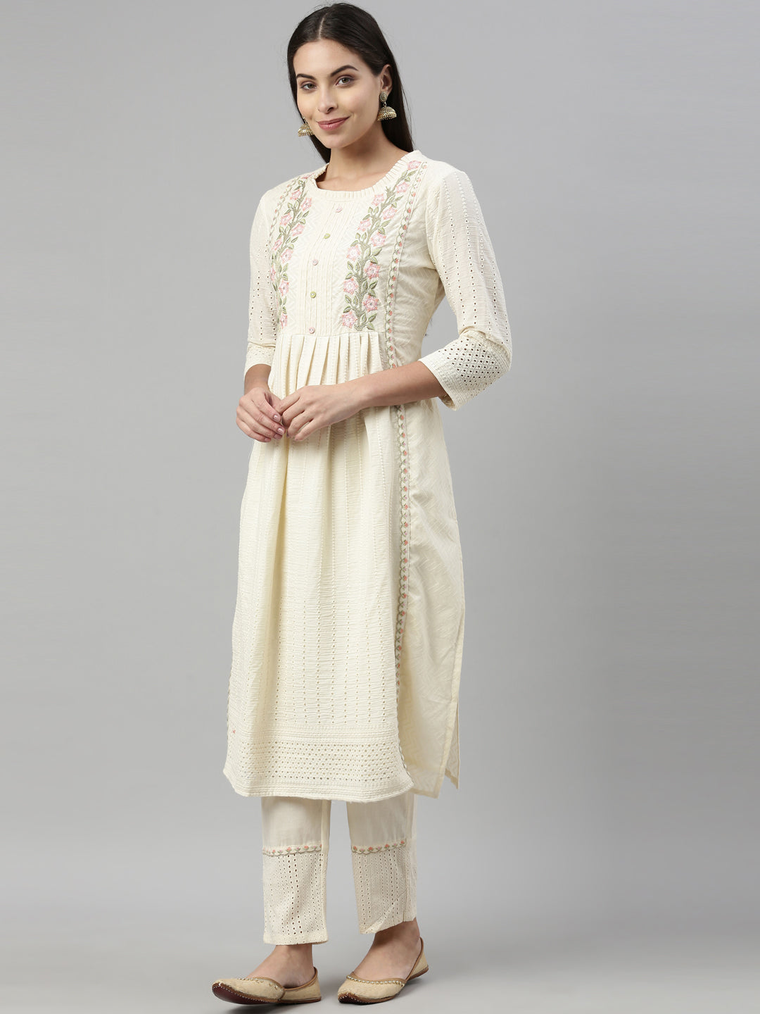Neerus Beige cotton ethnic suit set - detail view 2