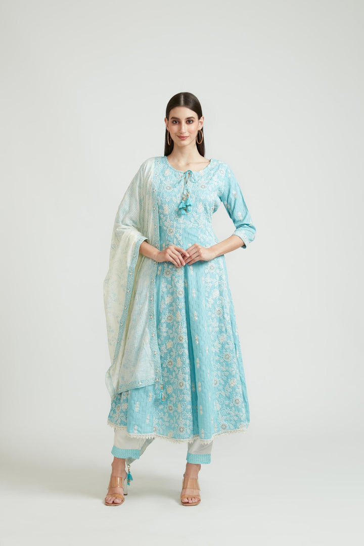 Neerus Blue cotton kurta set - front view