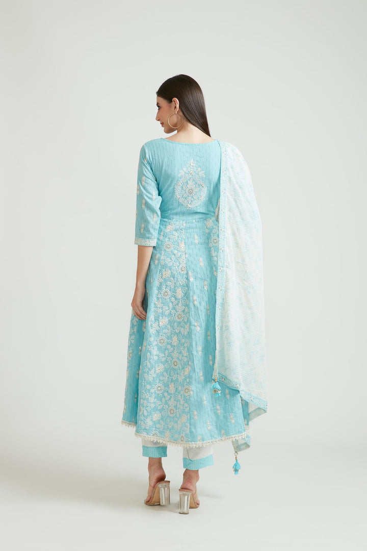 Neerus Blue cotton kurta set - side view