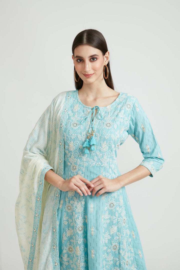 Neerus Blue cotton kurta set - detail view 3