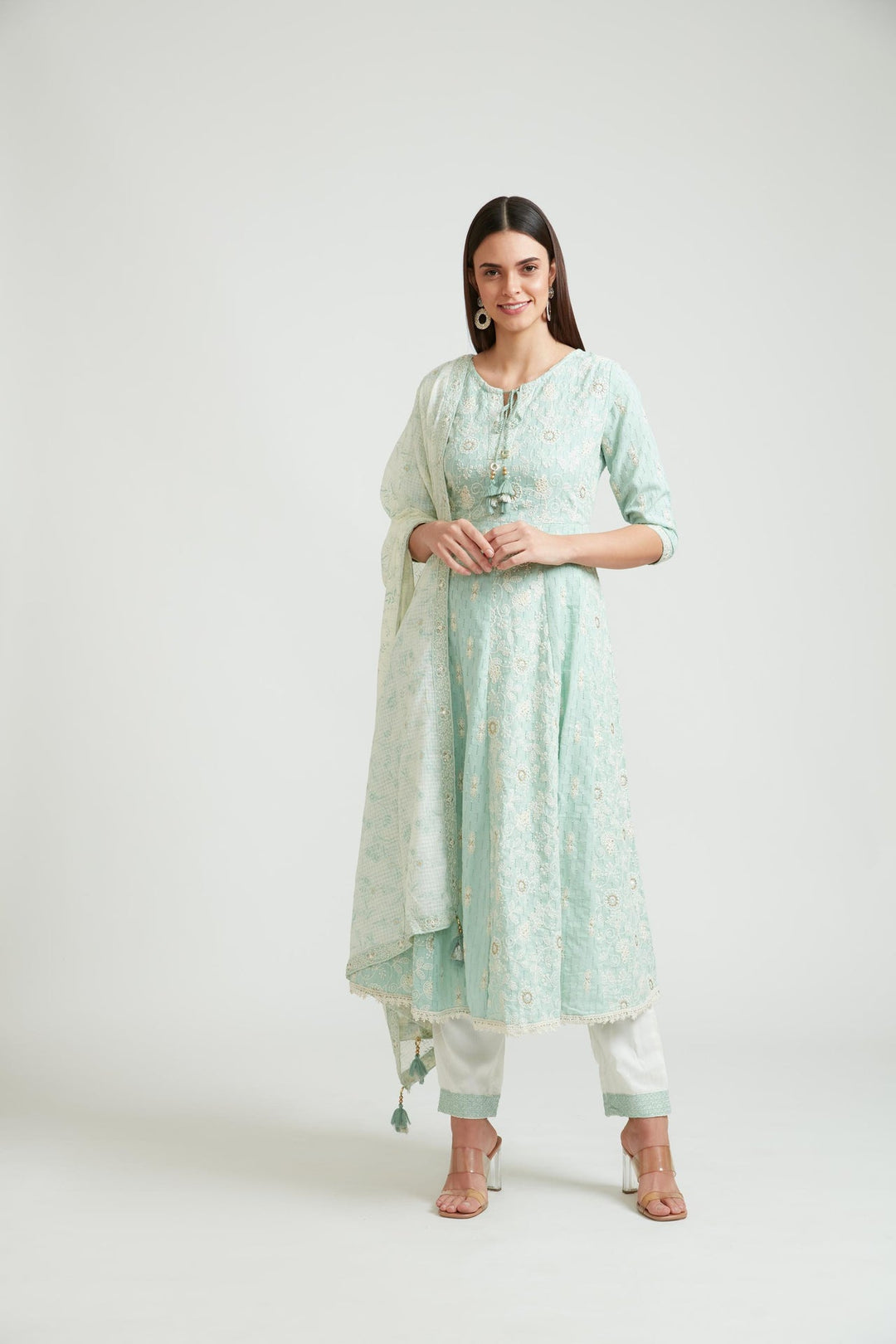 Neerus Green cotton kurta set - front view