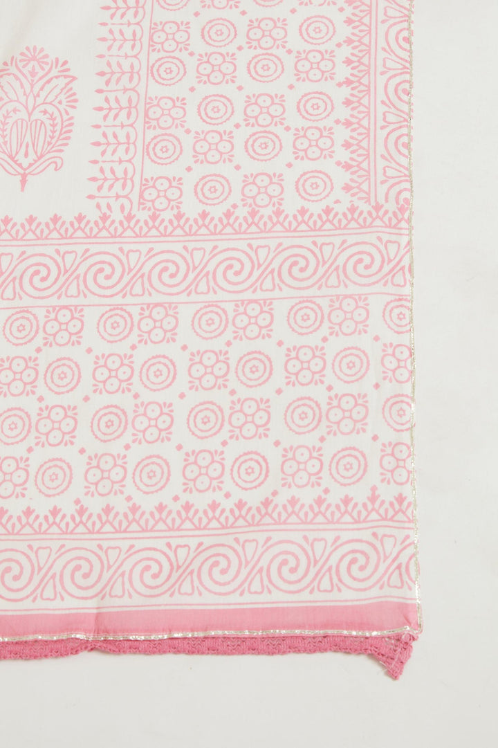 Neerus Pink jute cotton printed kurta set with sharara and dupatta - detail view 2