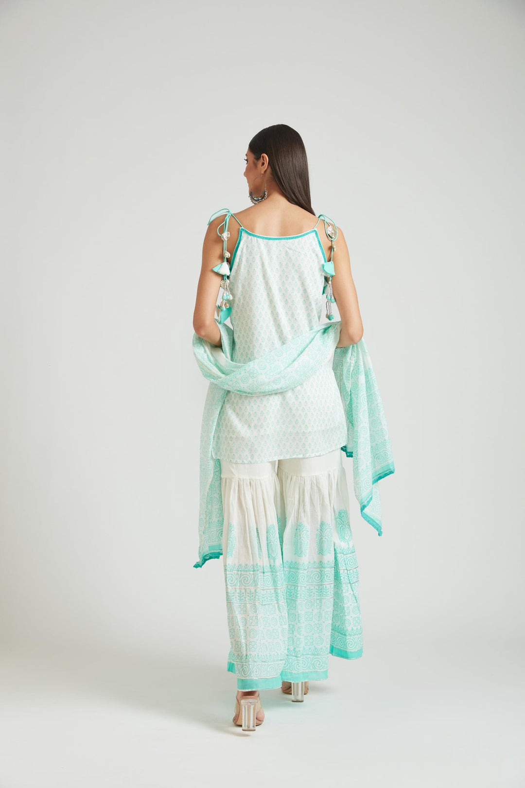 Neerus Green cotton printed kurta set salwar kameez - detail view 1