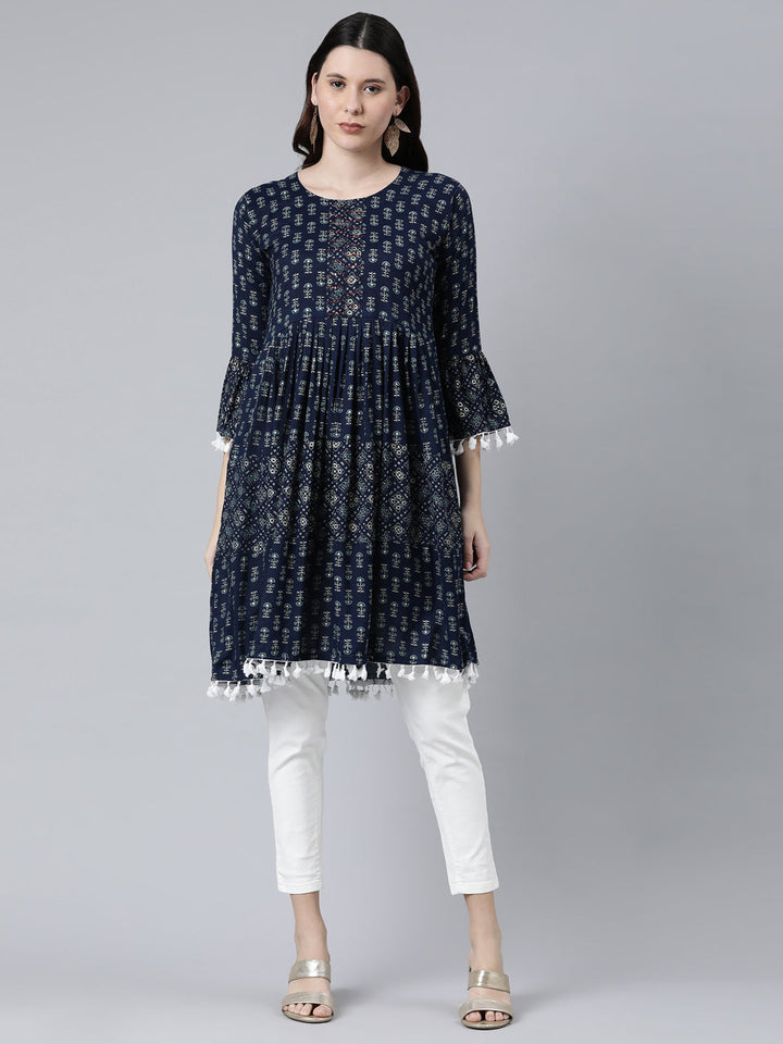 Neerus Blue printed geometric kurti - front view