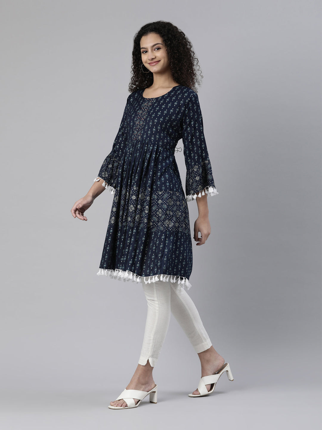Neerus Blue geometric printed kurta - back view