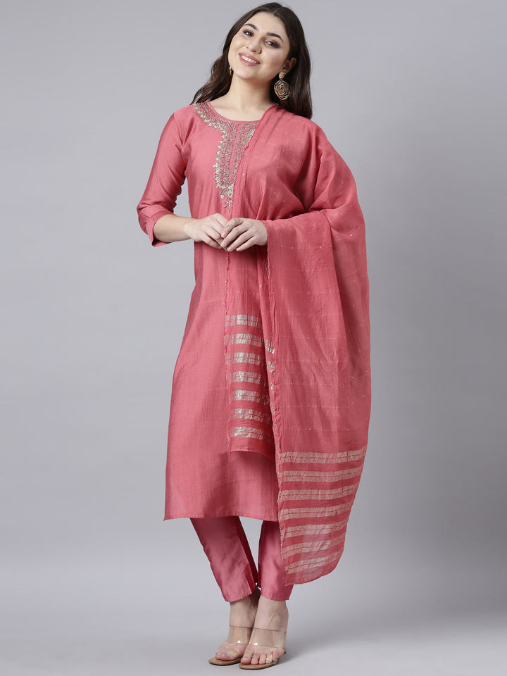 Neerus Pink solid straight suit set with dupatta - front view