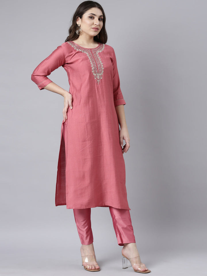 Neerus Pink solid straight suit set with dupatta - back view