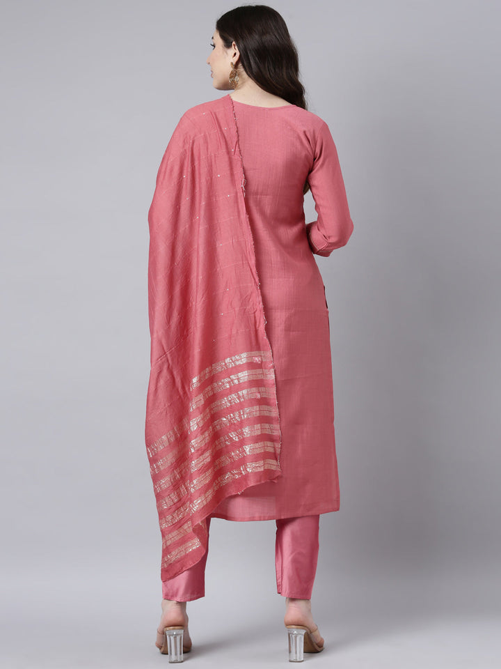 Neerus Pink solid straight suit set with dupatta - side view