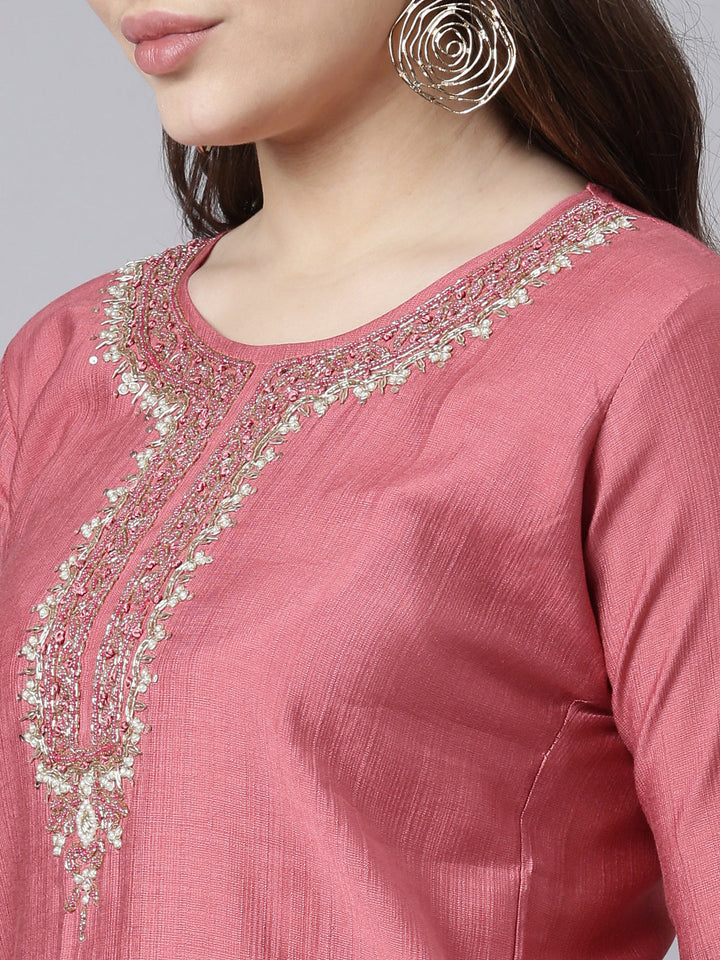 Neerus Pink solid straight suit set with dupatta - detail view 1