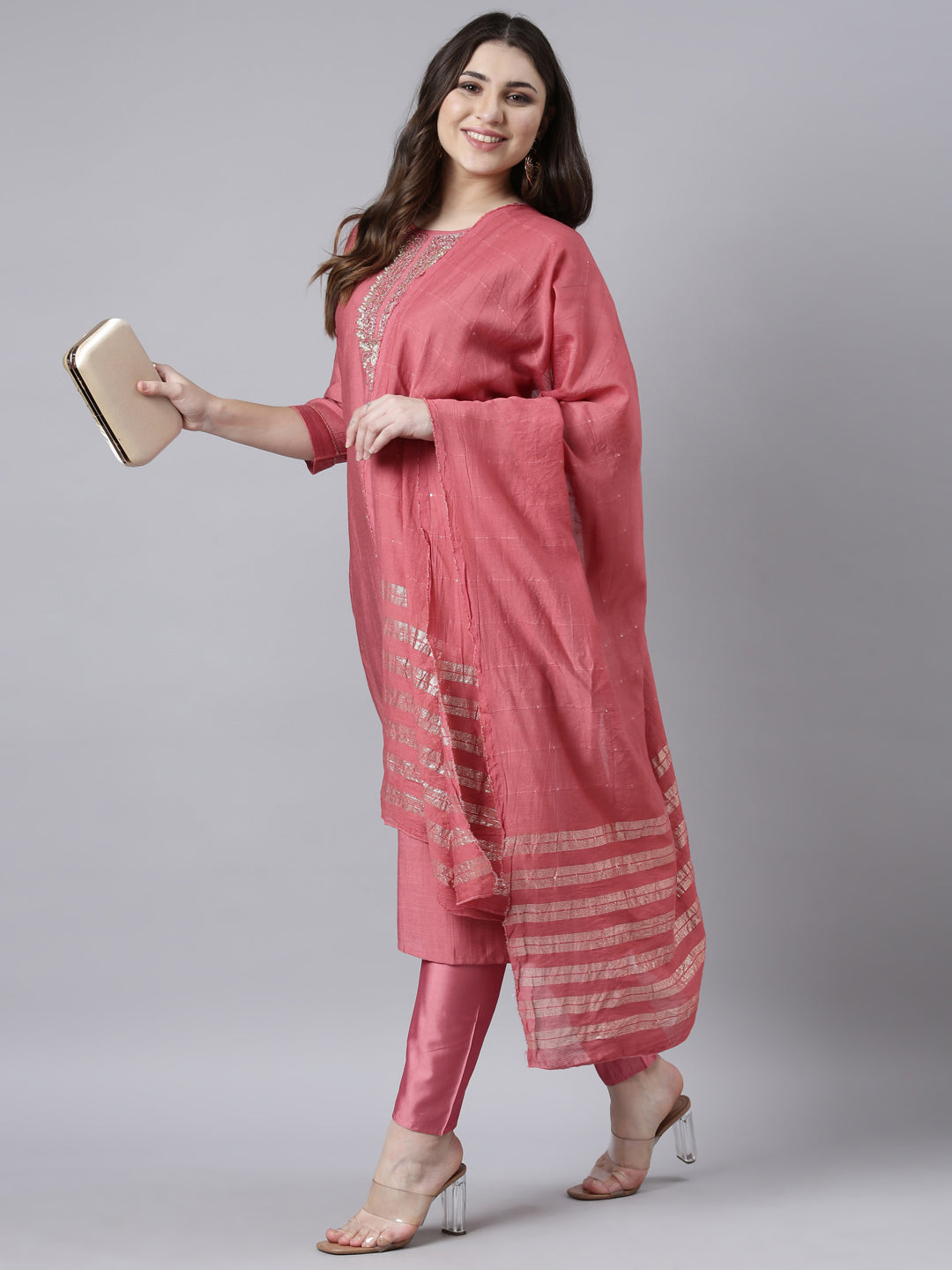 Neerus Pink solid straight suit set with dupatta - detail view 2