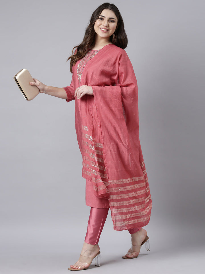 Neerus Pink solid straight suit set with dupatta - detail view 2