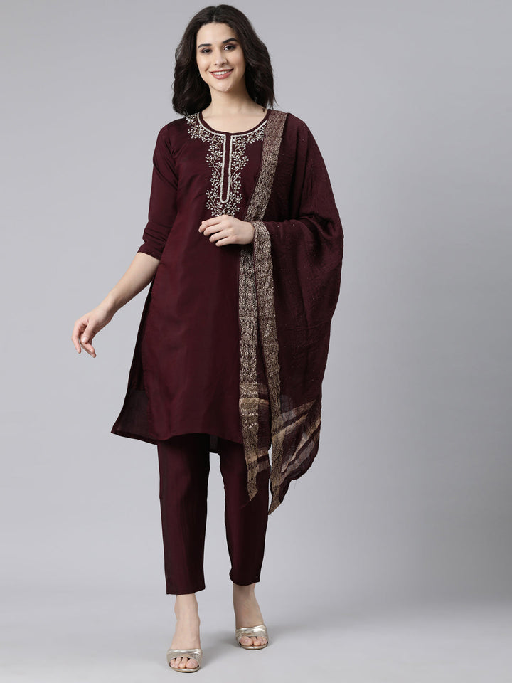 Neerus Purple solid straight kurta suit set - front view