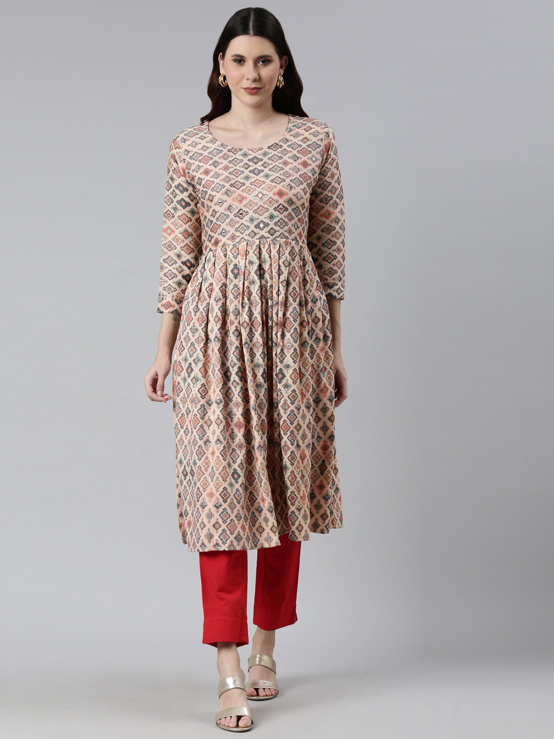 Neerus Orange rayon printed kurti - front view