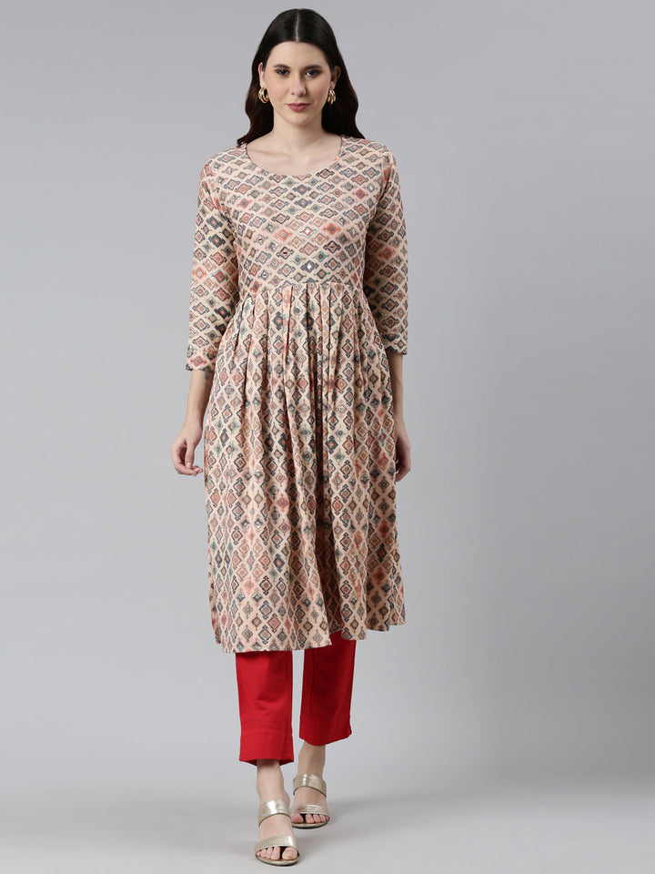 Neerus Orange rayon printed kurti - front view