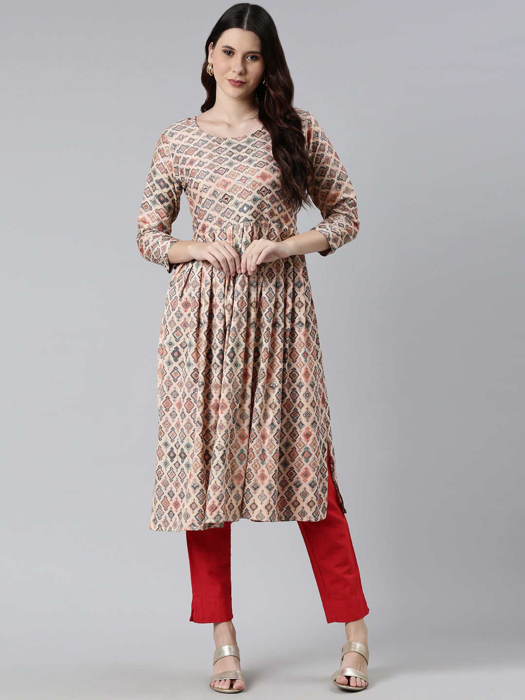Neerus Orange rayon printed kurti - detail view 2
