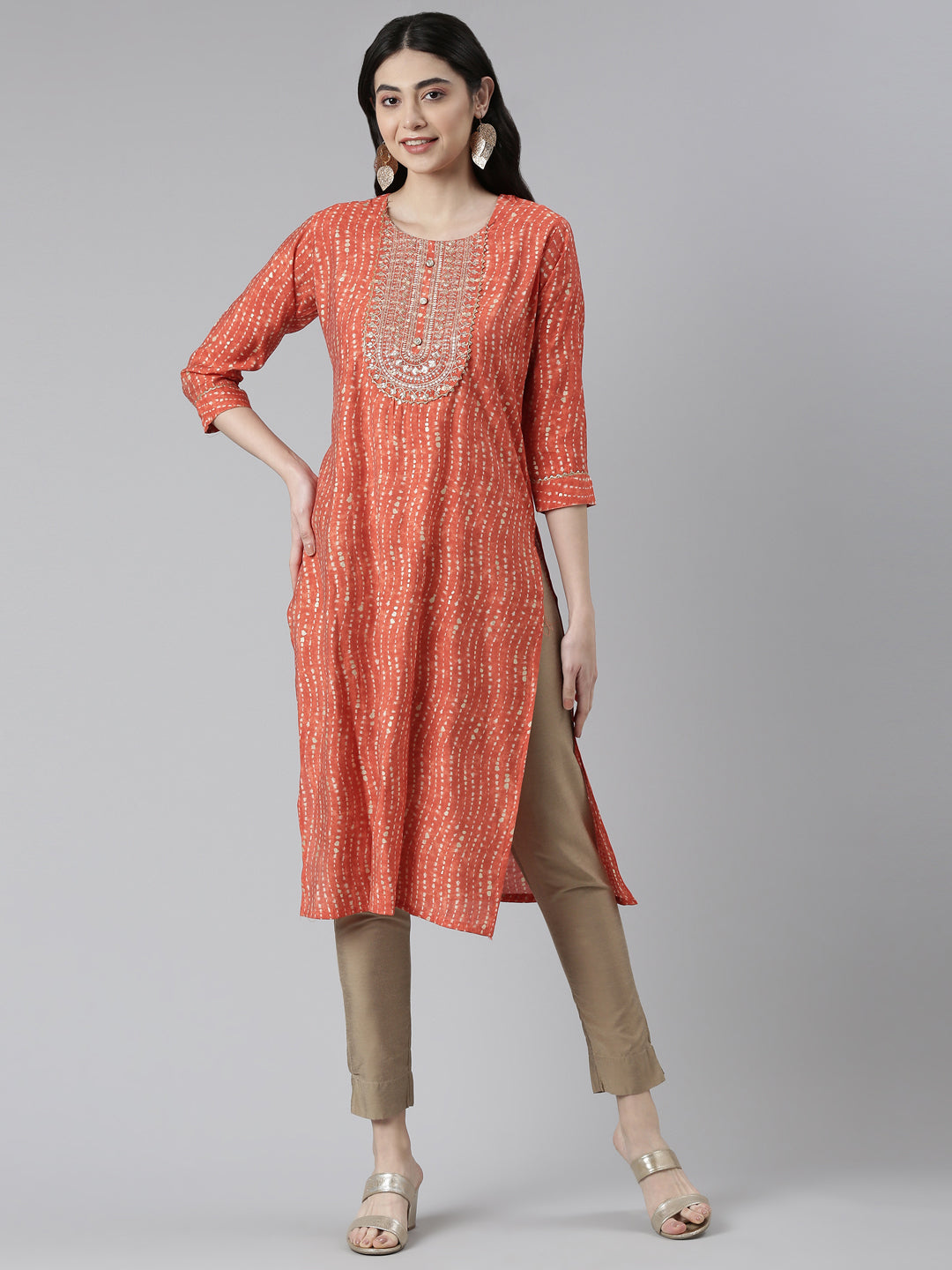 Neerus Orange Chanderi printed Kurta - front view