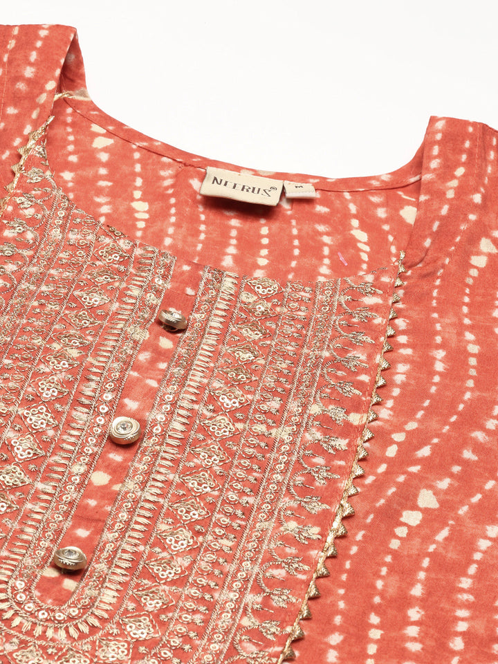 Neerus Orange Chanderi printed Kurta - detail view 1