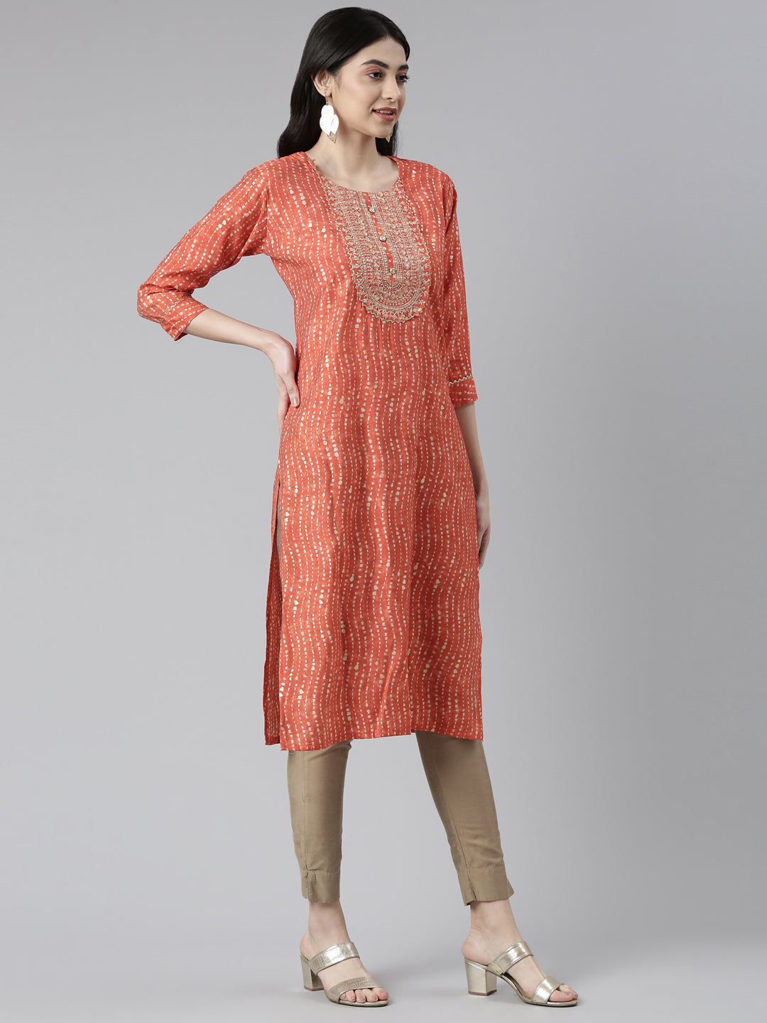 Neerus Orange Chanderi printed Kurta - detail view 3