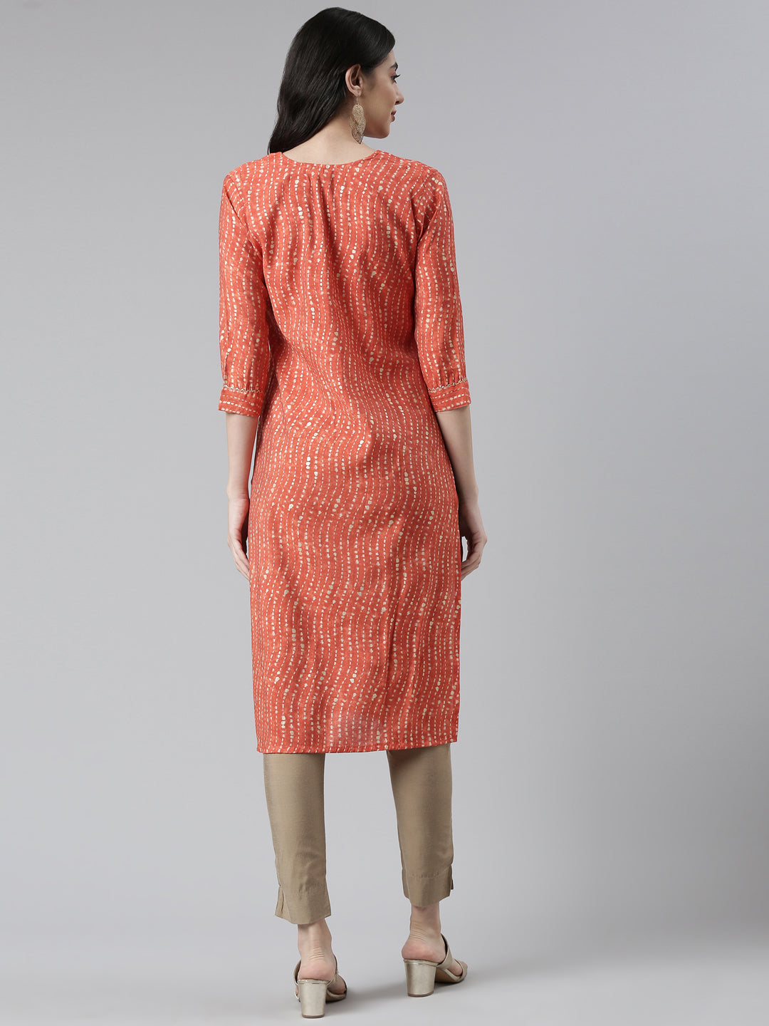 Neerus Orange Chanderi printed Kurta - side view