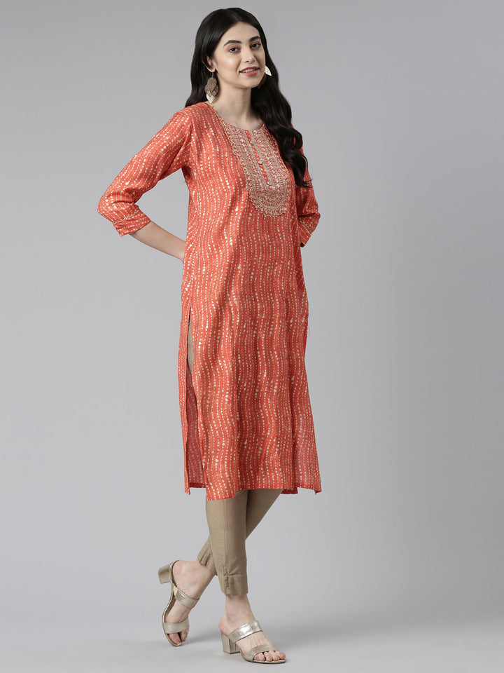 Neerus Orange Chanderi printed Kurta - back view