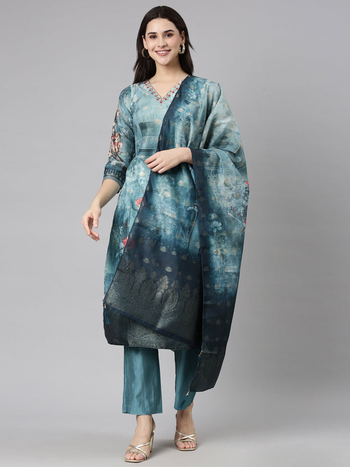 Neerus Green organza printed suit set - front view