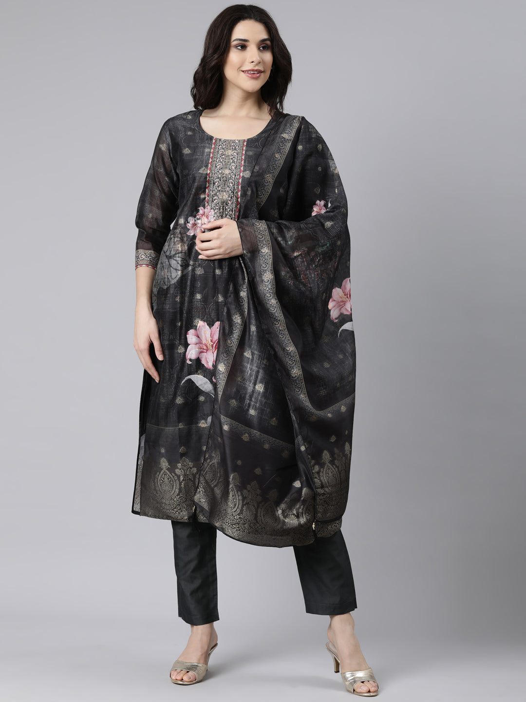 Neerus Black printed floral straight suit set - front view