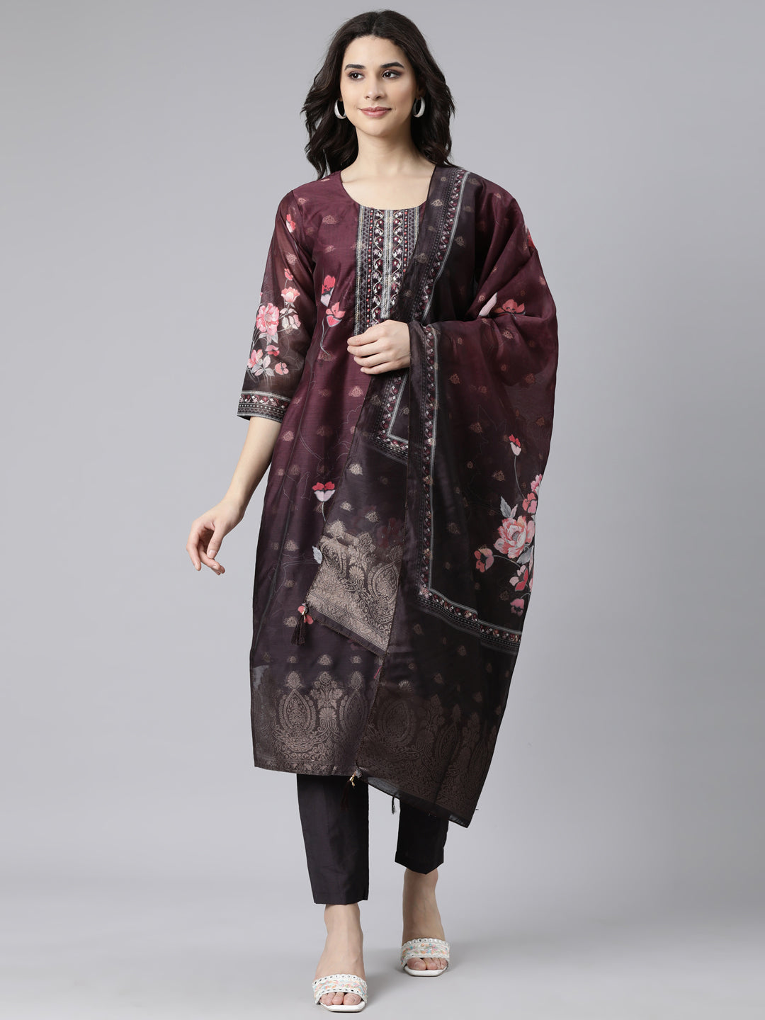 Neerus Purple printed floral suit set straight kurta with trouser and dupatta - front view