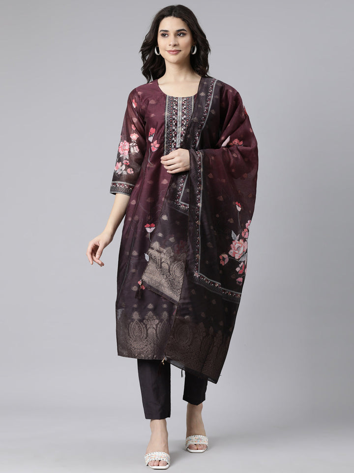 Neerus Purple printed floral suit set straight kurta with trouser and dupatta - front view