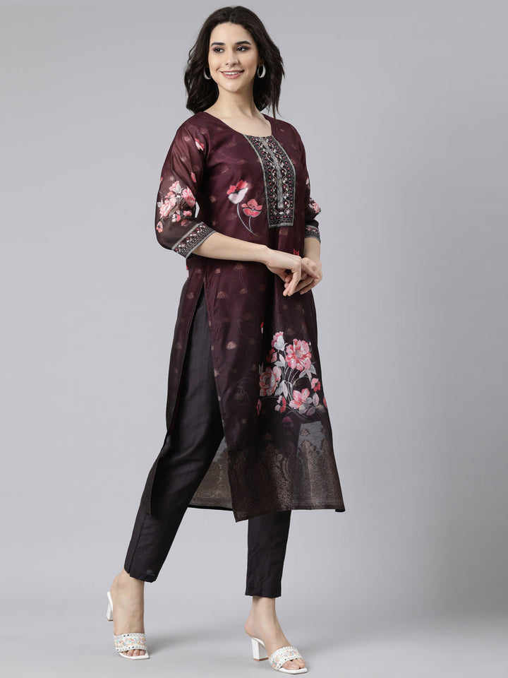 Neerus Purple printed floral suit set straight kurta with trouser and dupatta - back view