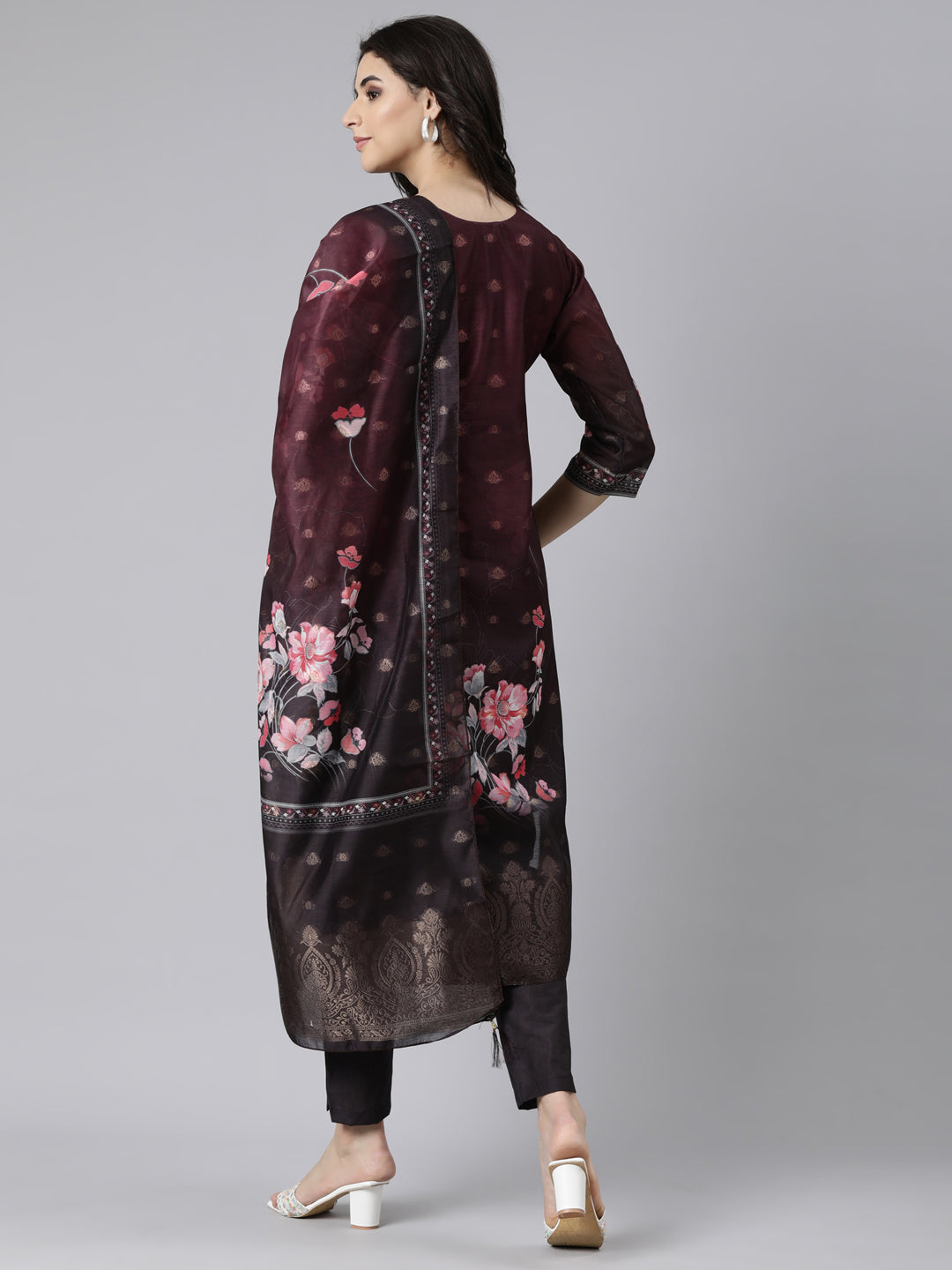 Neerus Purple printed floral suit set straight kurta with trouser and dupatta - side view