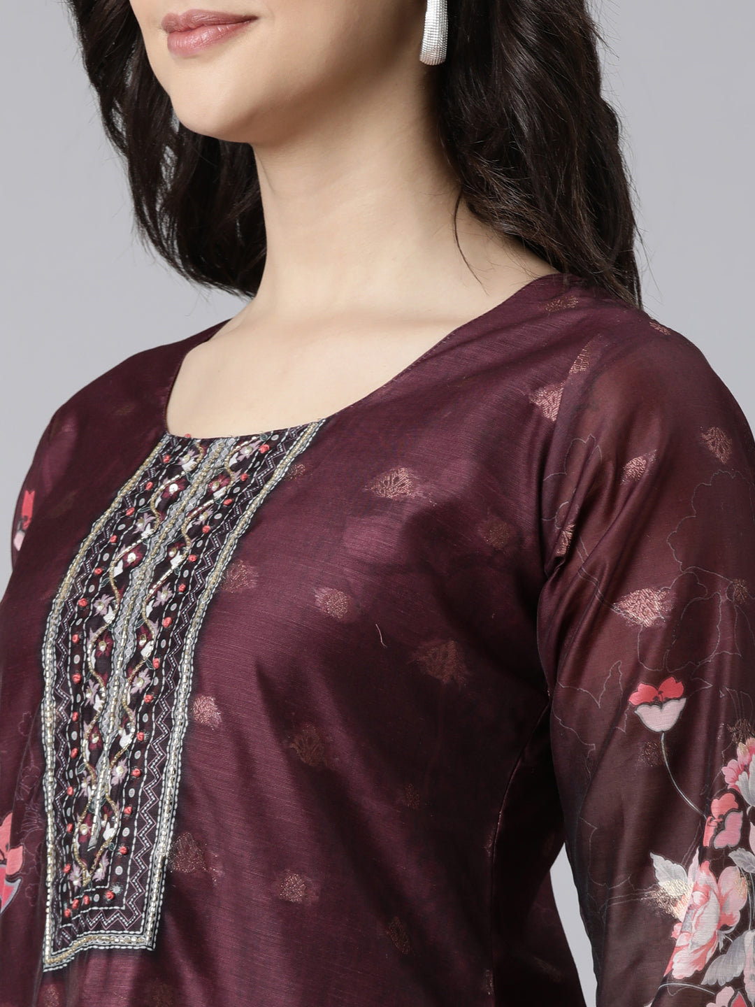 Neerus Purple printed floral suit set straight kurta with trouser and dupatta - detail view 1