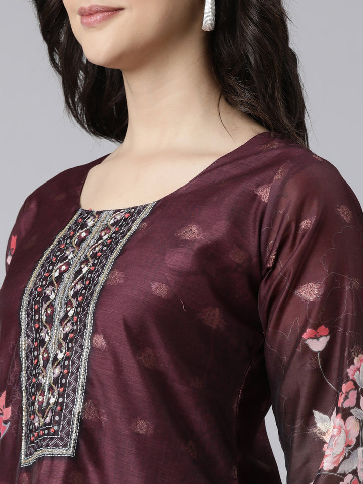 Neerus Purple printed floral suit set straight kurta with trouser and dupatta - detail view 1