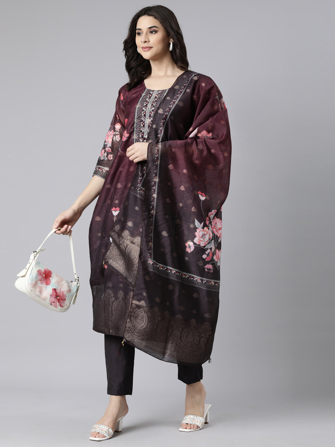 Neerus Purple printed floral suit set straight kurta with trouser and dupatta - detail view 2