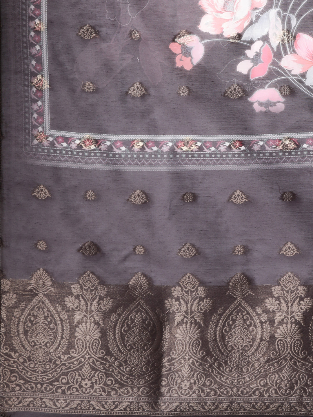 Neerus Purple printed floral suit set straight kurta with trouser and dupatta - detail view 4
