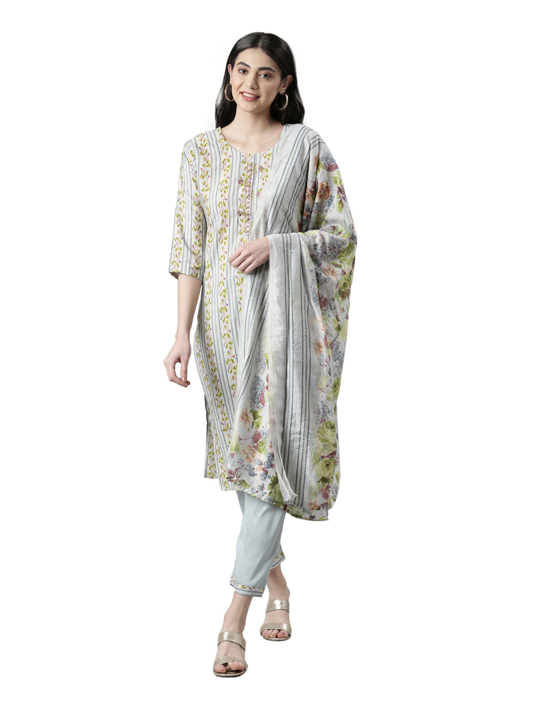 Neerus Multi floral mirror work suit set - front view