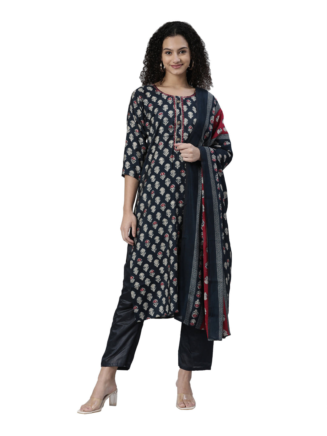 Neerus Blue printed kurta set with trouser and dupatta - front view