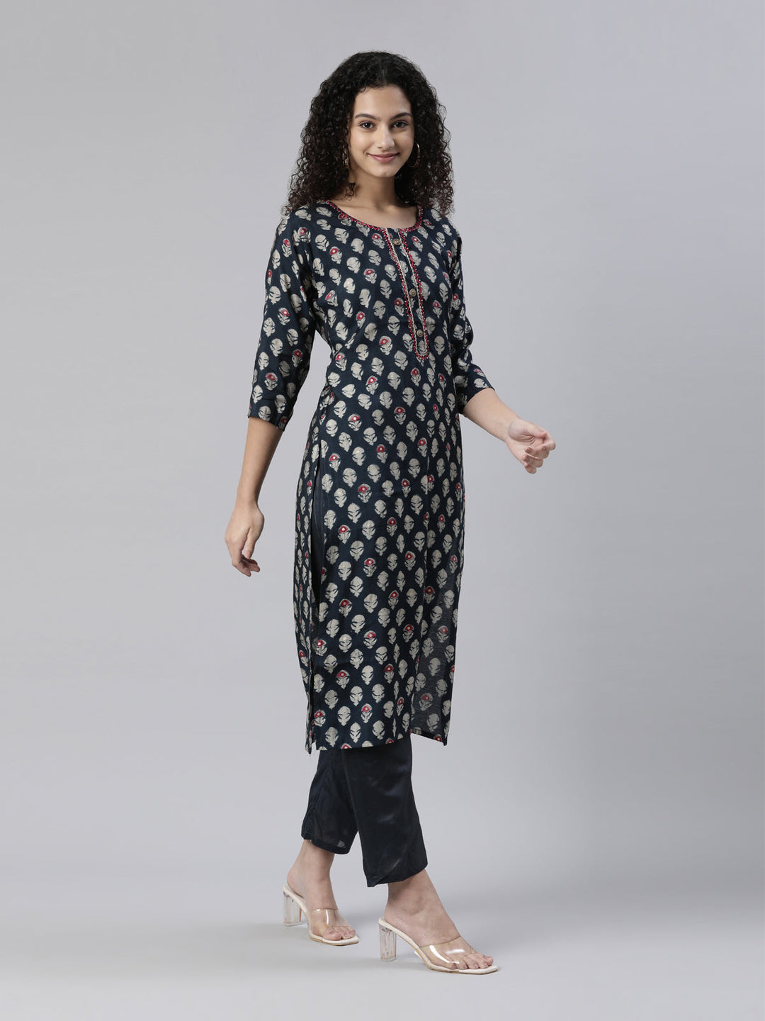 Neerus Blue printed kurta set with trouser and dupatta - back view