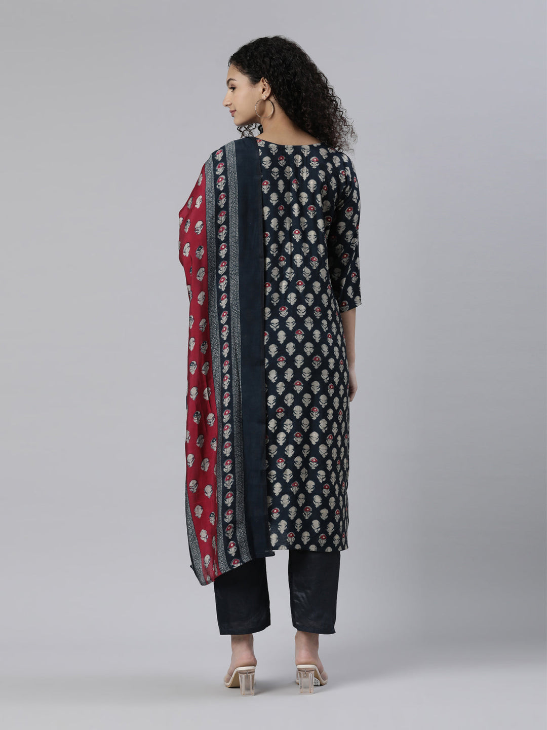 Neerus Blue printed kurta set with trouser and dupatta - side view
