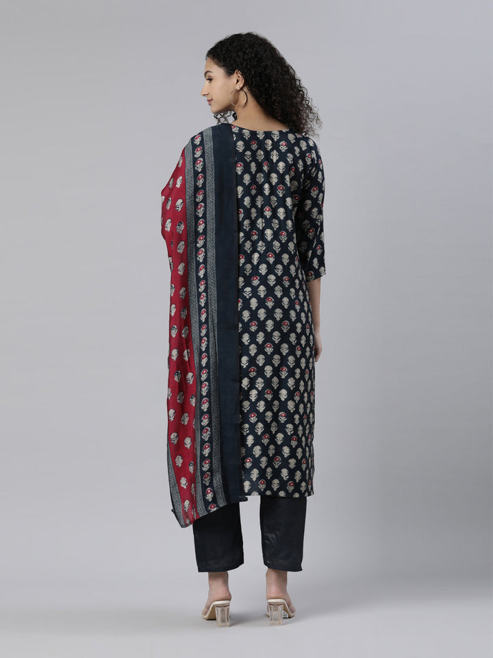 Neerus Blue printed kurta set with trouser and dupatta - side view