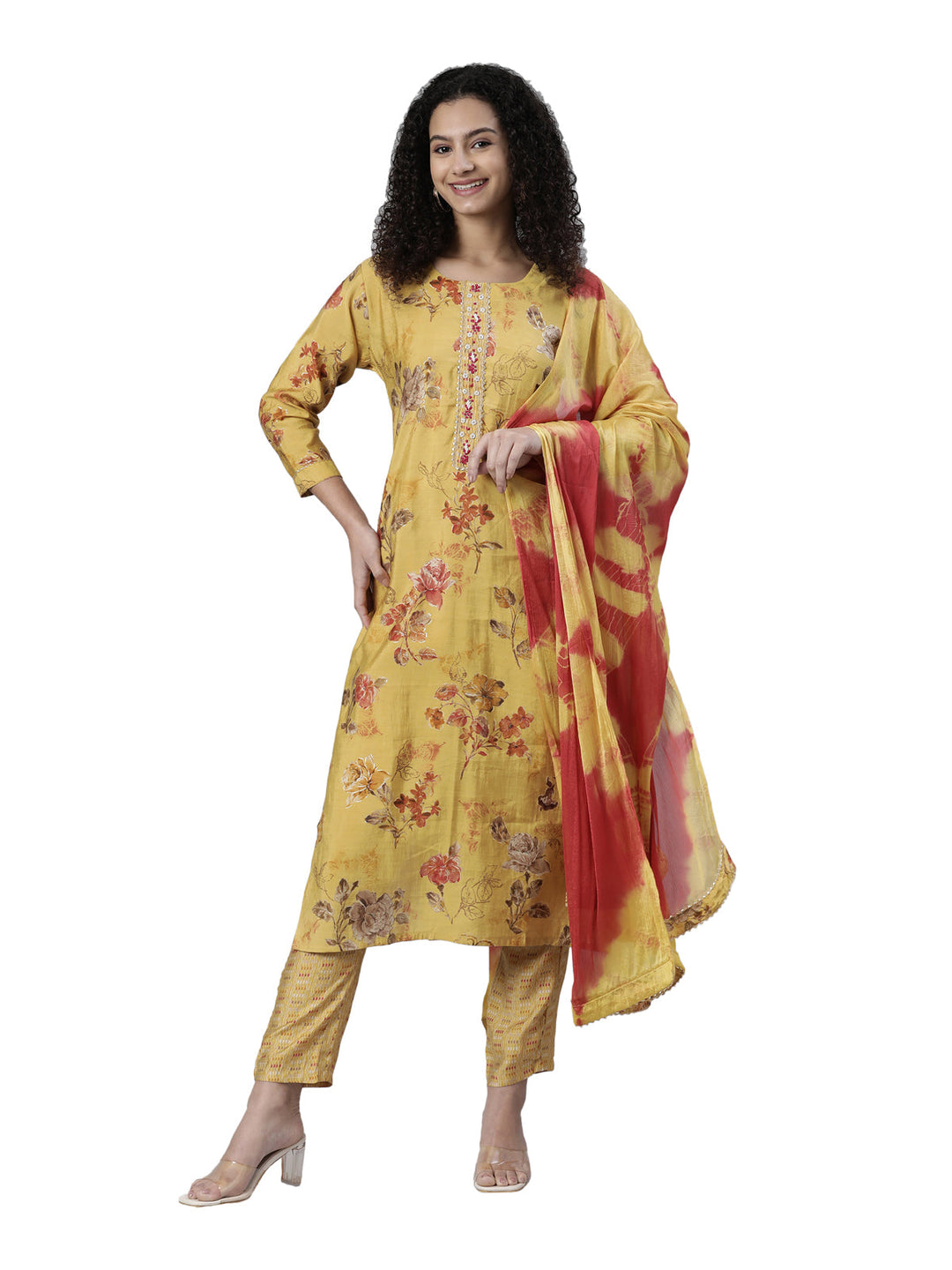 Neerus Yellow jute cotton printed kurta set with trousers and dupatta - front view